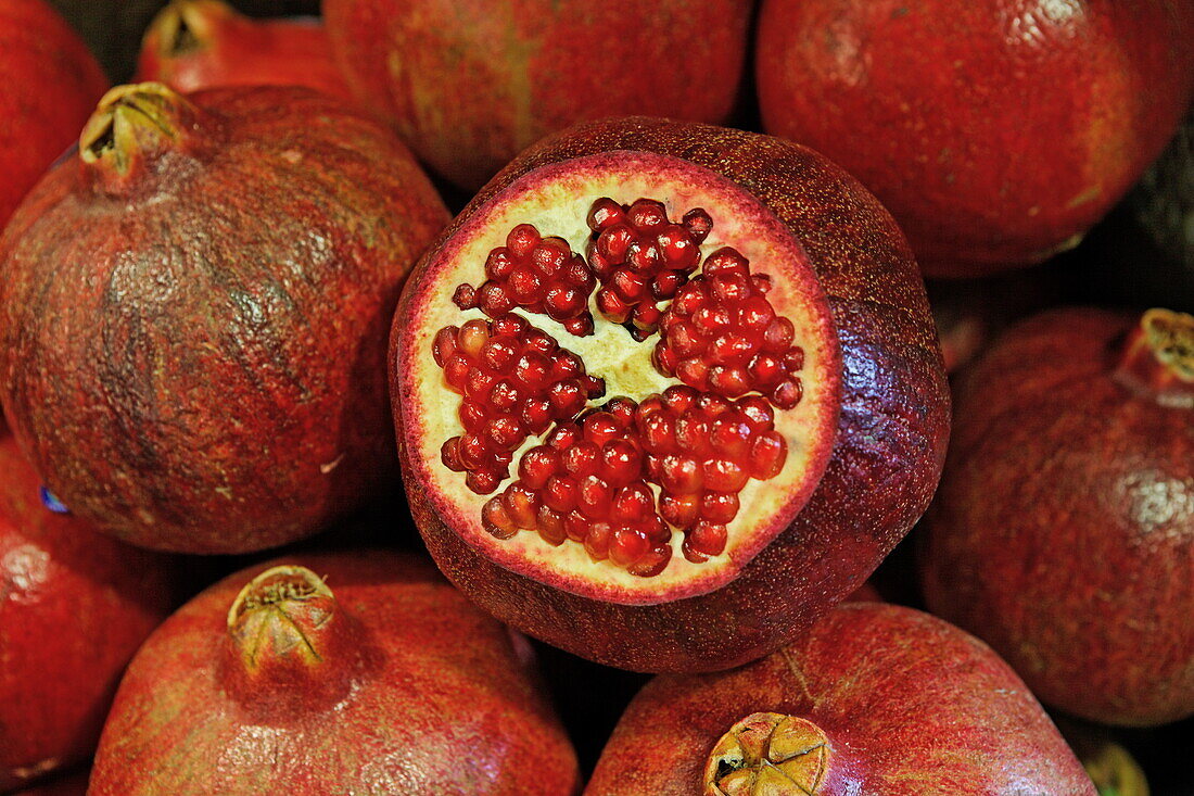 Close up of pomegranates, Market hall, Port Louis, Mauritius, Africa