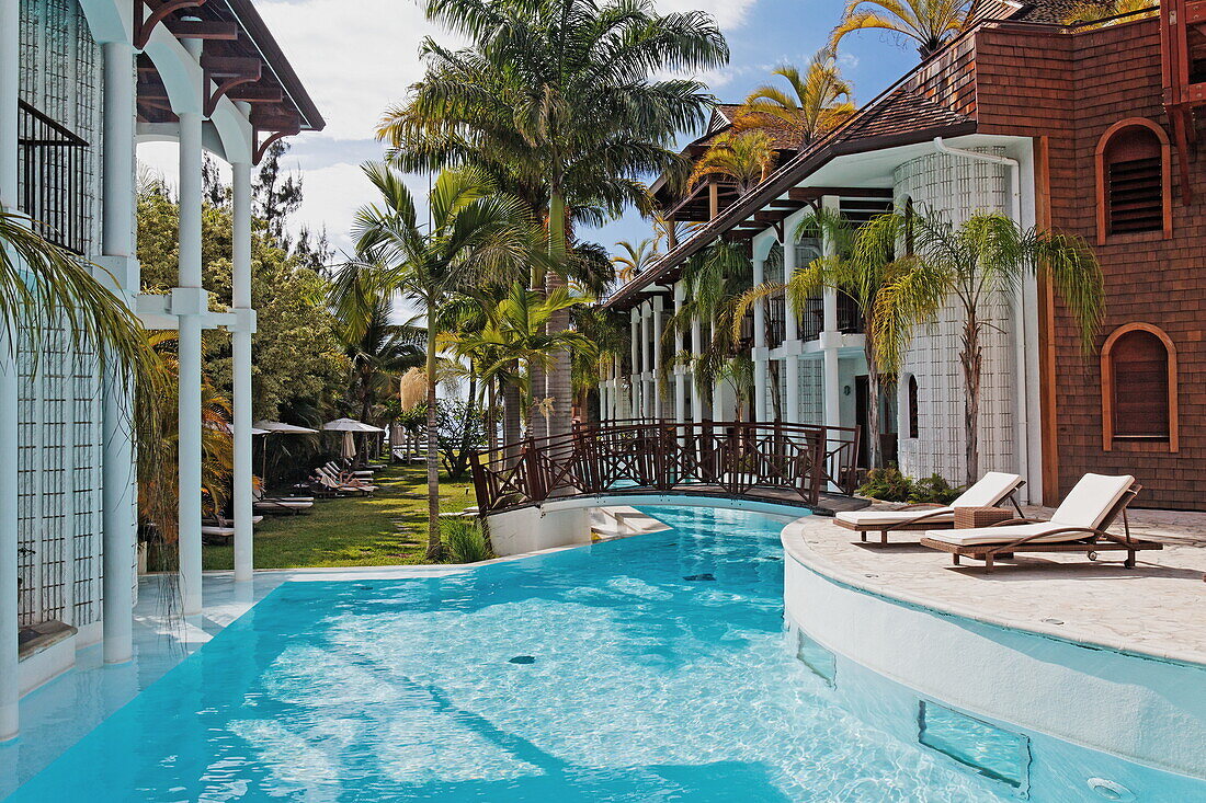 Pool in the sunlight, Saint Alexis hotel, Saint Gilles les Bains, La Reunion, Indian Ocean