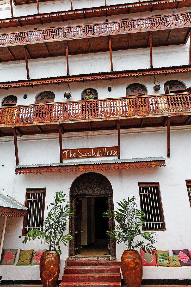Facade of the Swahili House hotel, Stonetown, Zanzibar City, Zanzibar, Tanzania, Africa