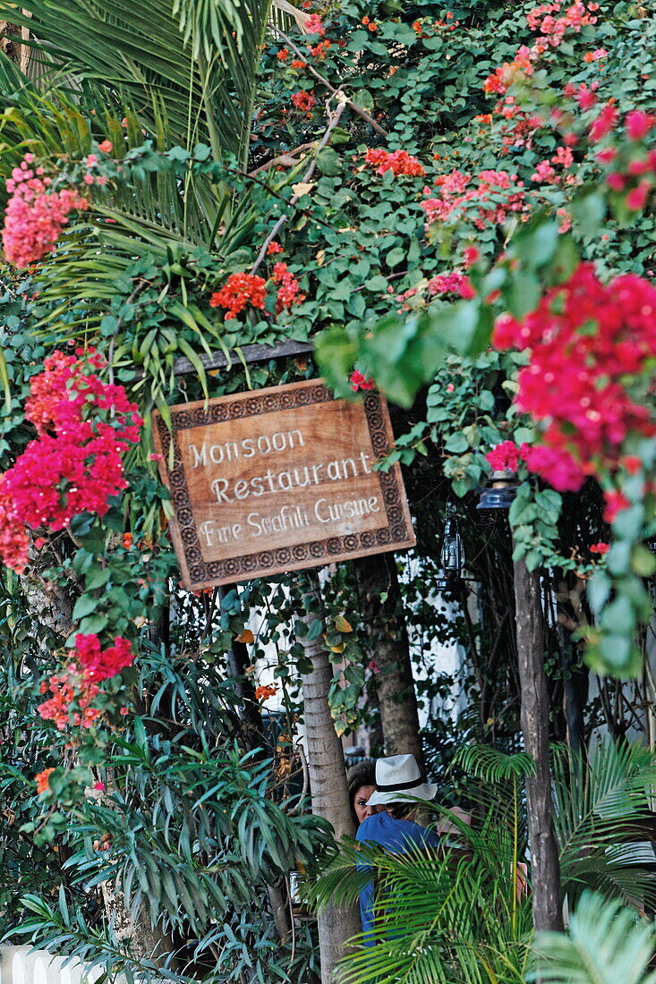 Sign at the entrance of Monsoon restaurant, Stonetown, Zanzibar City, Zanzibar, Tanzania, Africa