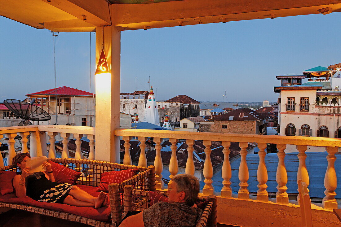 View from the roof terrace of the Glove hotel in the evening, Stonetown, Zanzibar City, Zanzibar, Tanzania, Africa