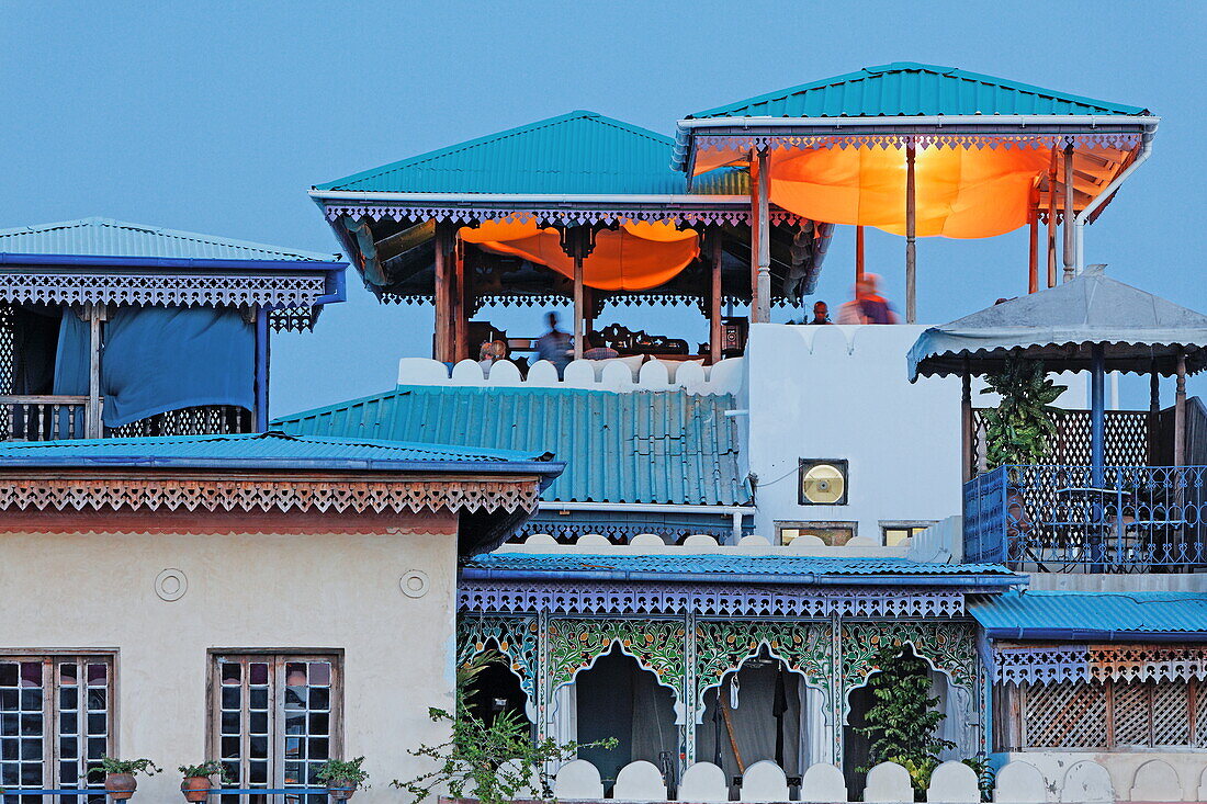 Rooftop terrace of the 236 Hurumzi hotel in the evening, Stonetown, Zanzibar City, Zanzibar, Tanzania, Africa