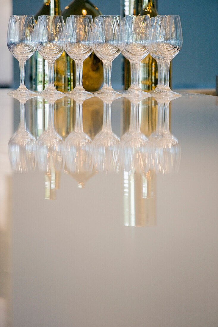 Bottle of Wine and Glasses on Counter, Shanghai, China