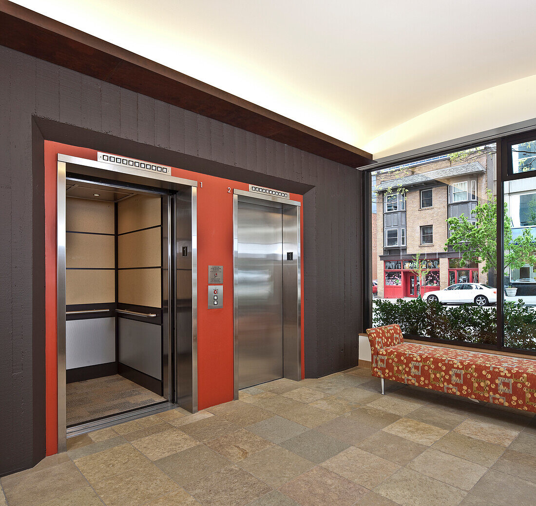 Stainless Steel Elevator Doors And A Bench Seat, Seattle, WA, USA