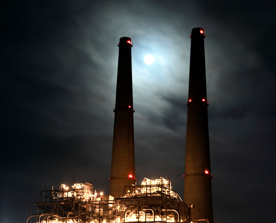 Power Plant Towers at Night, Moss Landing, CA, USA