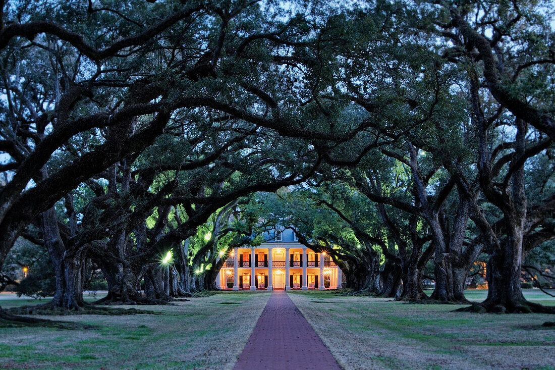 Southern Manor Home at Night, Louisiana, USA