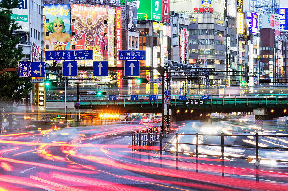 Japanese Downtown Traffic At Dusk, Shinjuku, Tokyo, Japan