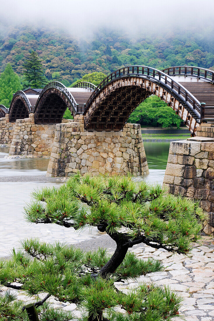 Asian Pedestrian Bridge Over a River, Iwakuni, Yamaguchi, Japan