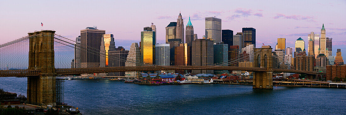 Lower Manhattan Skyline and Brooklyn Bridge at Dawn, Lower Manhattan, New York, USA