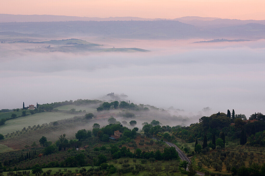 Valley Fog in the Val D'Orcia at Dawn, Rocca d'Orcia, Tuscany, Italy