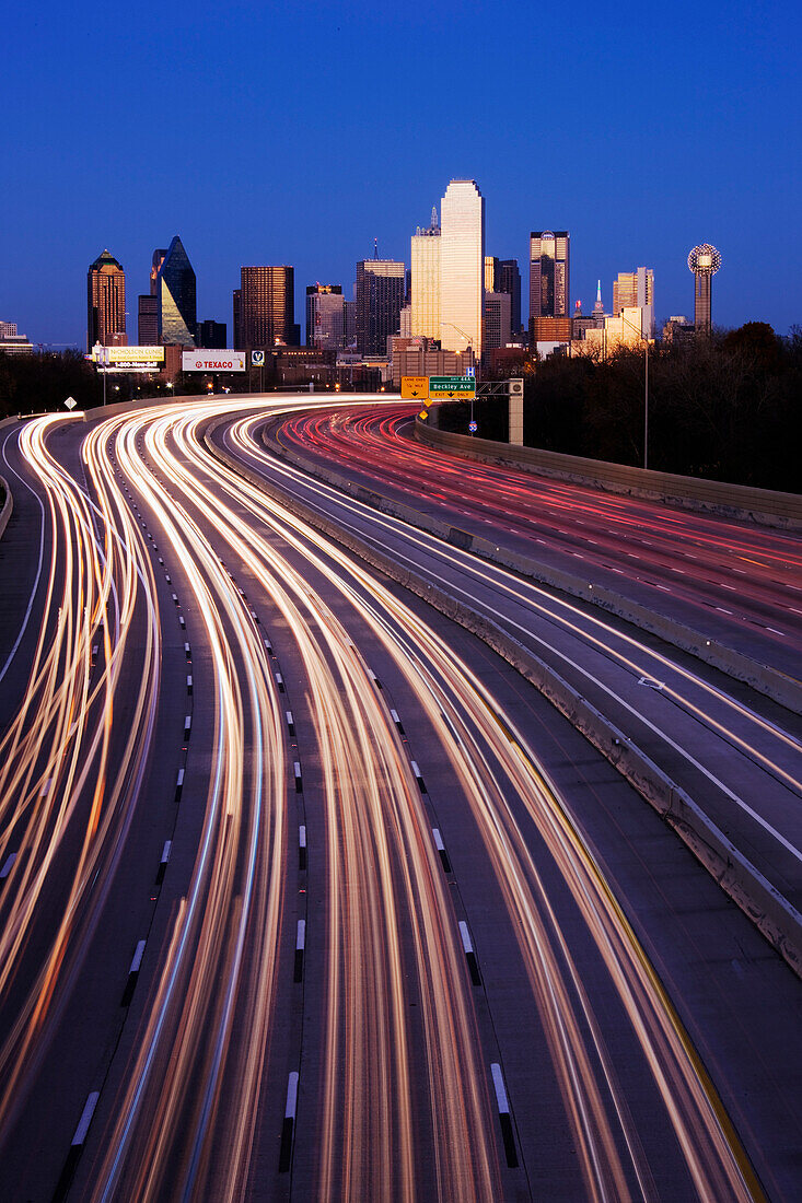 Freeway Traffic at Dusk on I-30, Dallas, Texas, USA