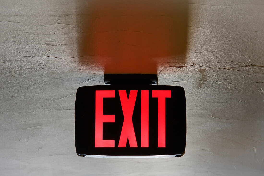 Red Exit Sign on Ceiling, Fort Worth, Texas, USA