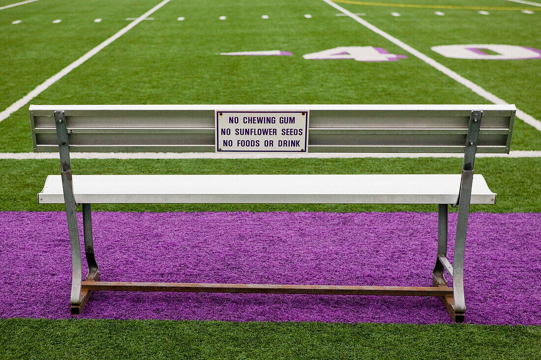 Sign on Athletic Field Bench, Seattle, Washington, USA