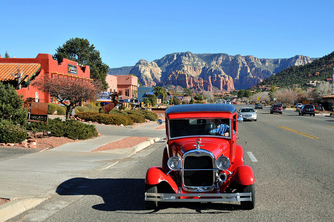 Vintage car on a street in Sedona, Arizona, southwest USA, America