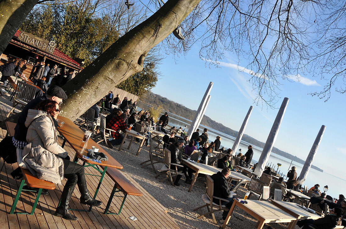 People at a beach bar at lake Ammersee, Bavaria, Germany, Europe