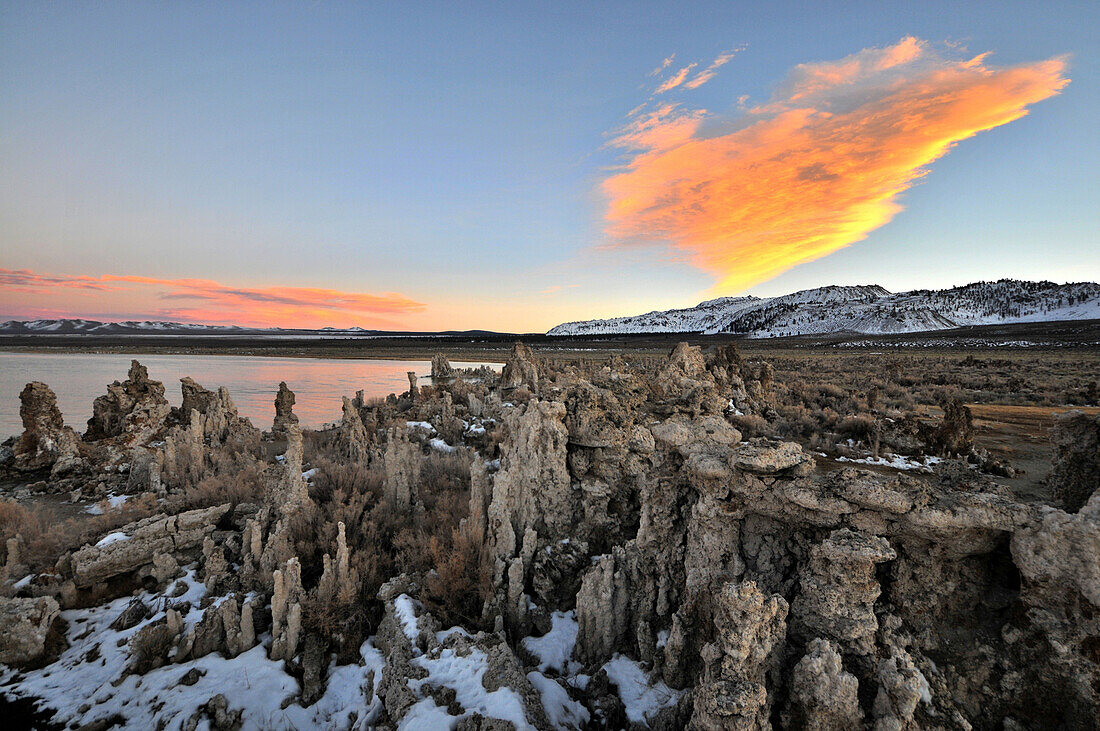 Limestone formations at a lake in the evening, Mono Lake National Monument, California, USA, America