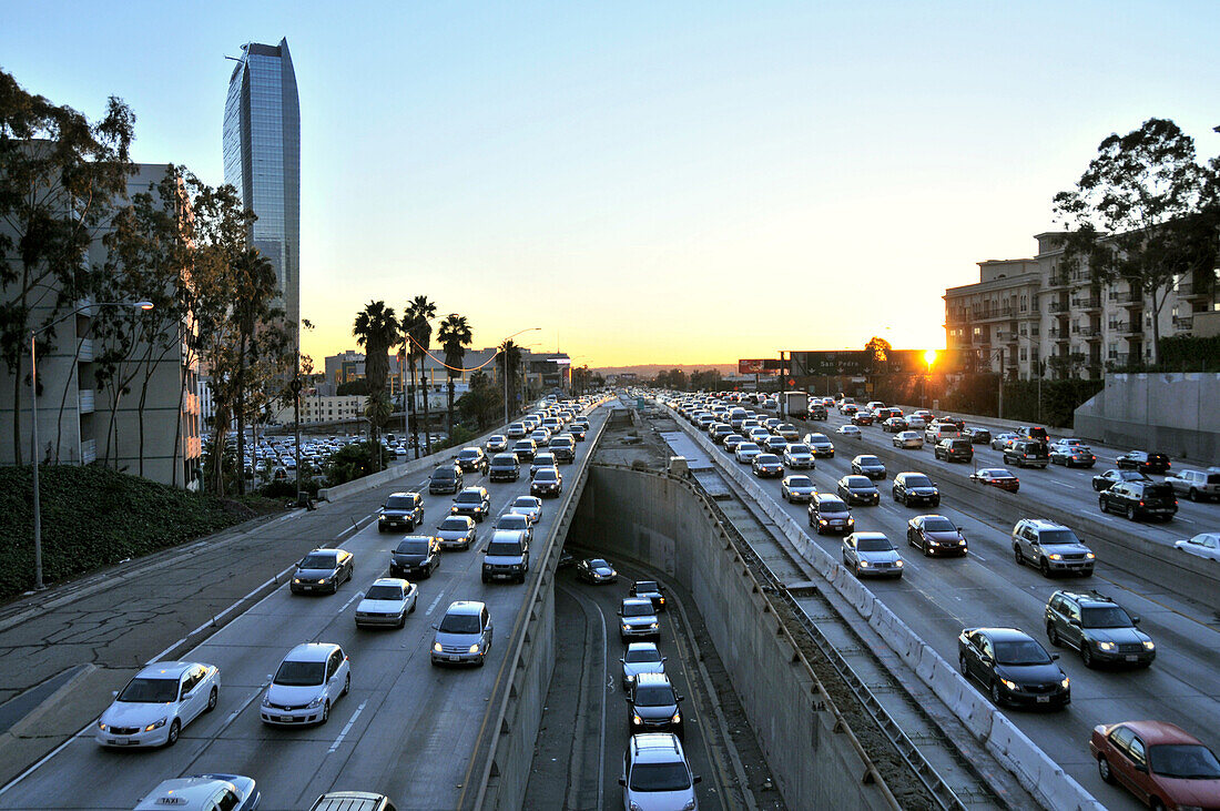 Freeway in downtown at sunset, Los Angeles, California, USA, America