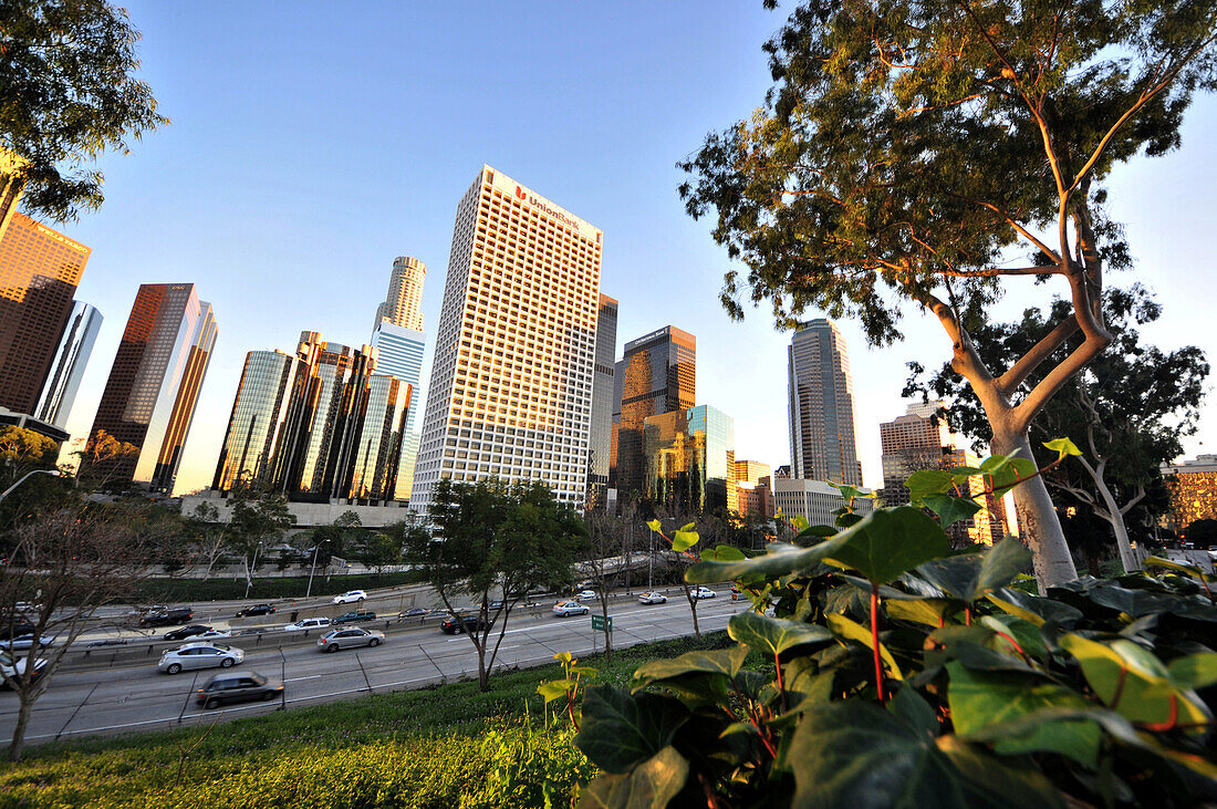 View of high rise buildings at downtown with freeway, Los Angeles, California, USA, America