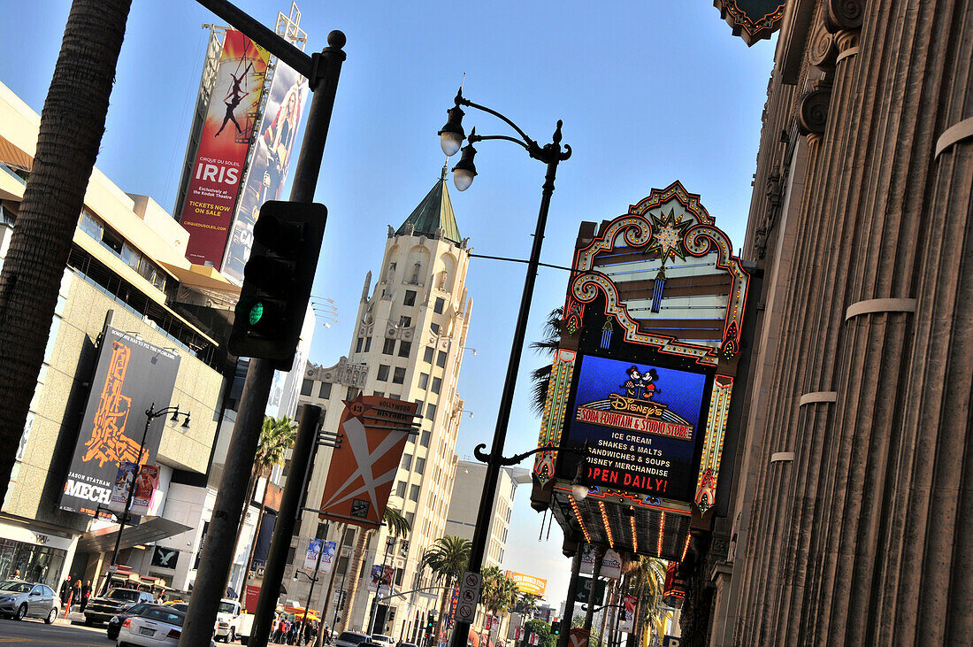 View of buildings on Hollywood Boulevard, Hollywood, Los Angeles, California, USA, America