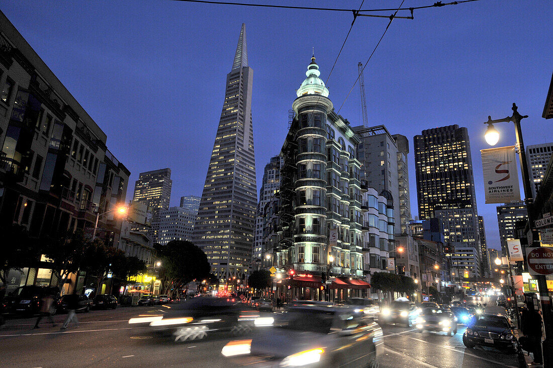 The illuminated Transamerica Pyramid at night, San Francisco, California, USA, America