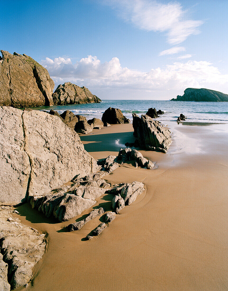 Felsen am Strand von Playa de Arnia, morgens, westlich Santander, Kantabrien, Spanien