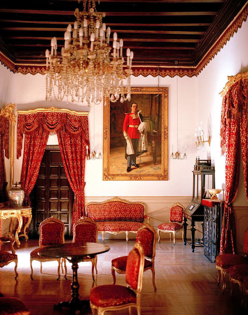 Red private salon functions as museum, Hotel Palacio de la Rambla, Úbeda, Andalusia, Spain