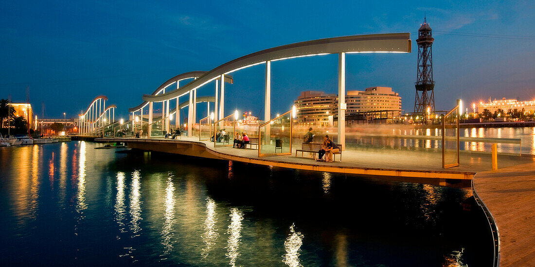 Footbridge in the evening,Port Vell,Rambla de Mar,Barcelona,Catalonia,Spain