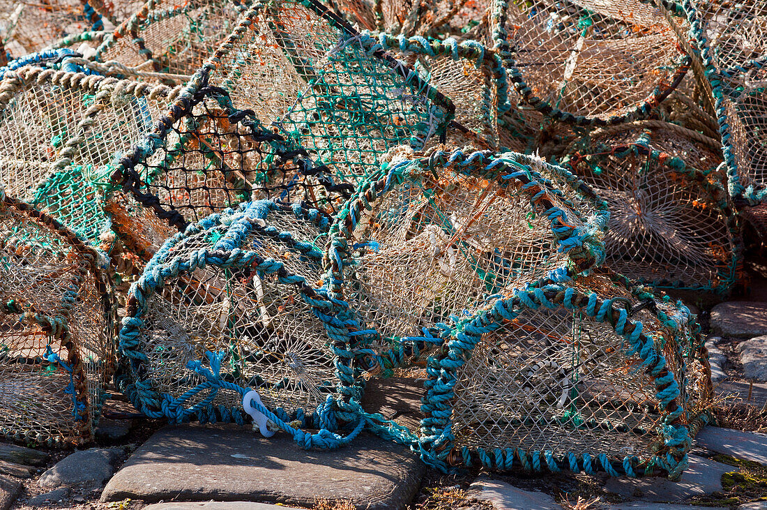 lobster traps at the old harbour of Portsoy, Aberdeenshire, Scotland