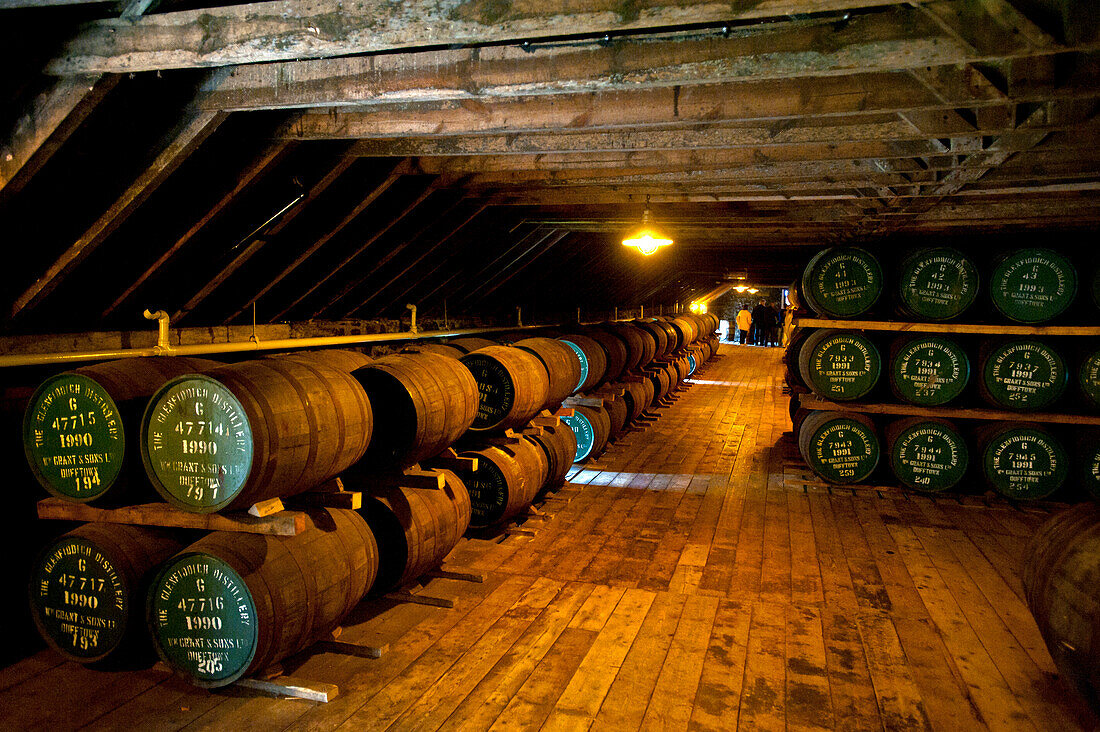 Warehouse full of oak barrels at the Glenfiddich Destillery, Dufftown, Aberdeenshire, Scotland