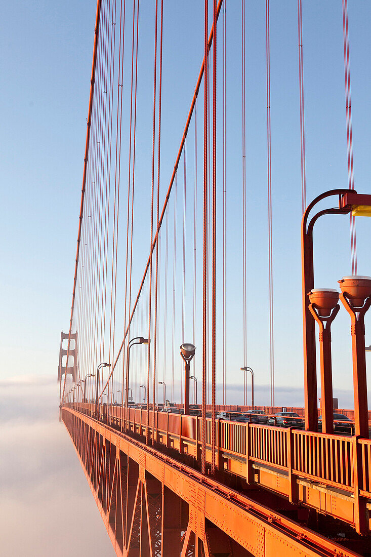 Golden Gate Bridge in the morning fog, Symbol of San Francisco and California, San Francisco, California, United States of America, USA
