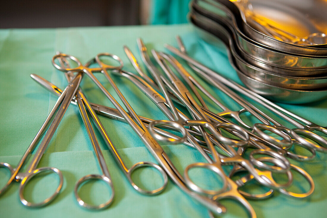 Close up of clamps, surgical instruments, Medical and surgical equipment, Operation, Operating theatre, Hospital, Medicine