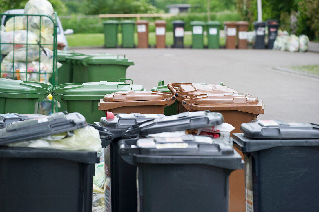 Full wheelie bins, Freiburg im Breisgau, Baden-Wurttemberg, Germany