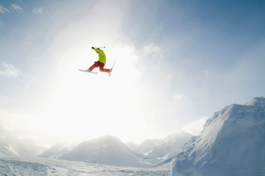 Skier jumping, Andermatt, Canton of Uri, Switzerland