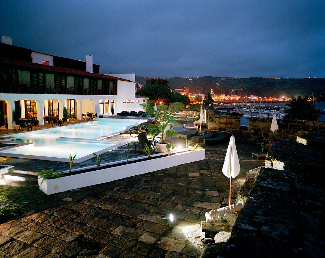 Pool of hotel Pousada de Portugal, Castello de Santa Cruz, overlooking Horta harbour, Faial island, Azores, Portugal