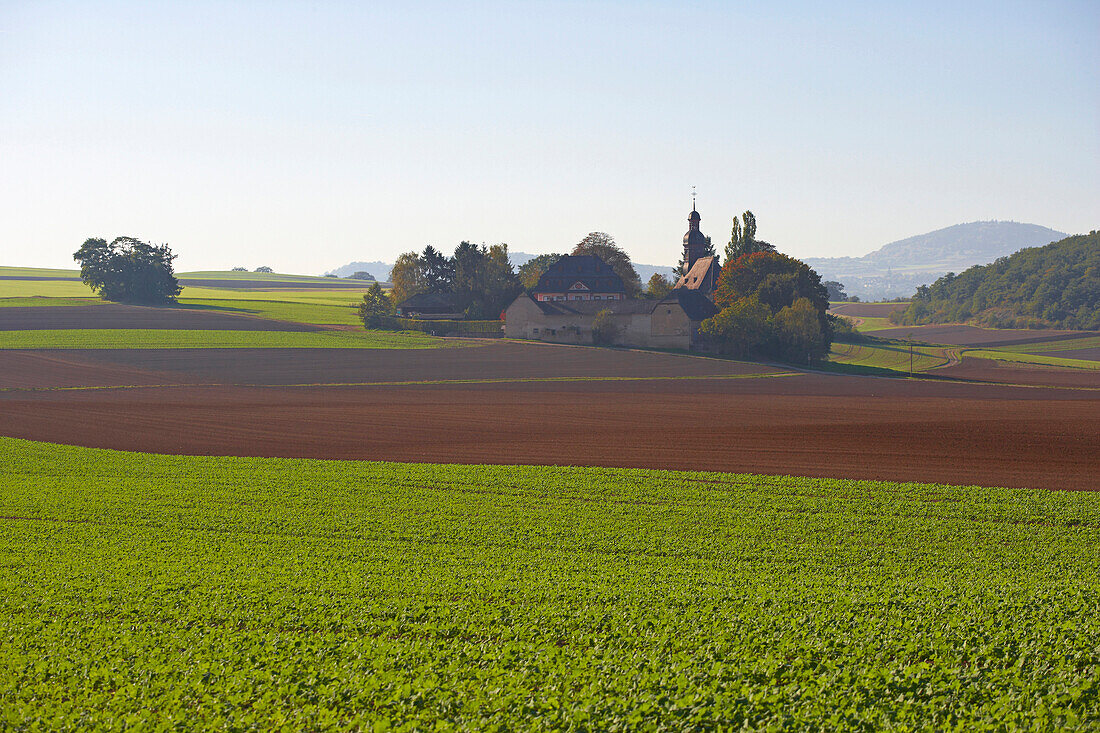 Pilgrims' chapel Fraukirch near Thür, Agriculture, Field, Pellenz, Eifel, Rhineland-Palatinate, Germany, Europe