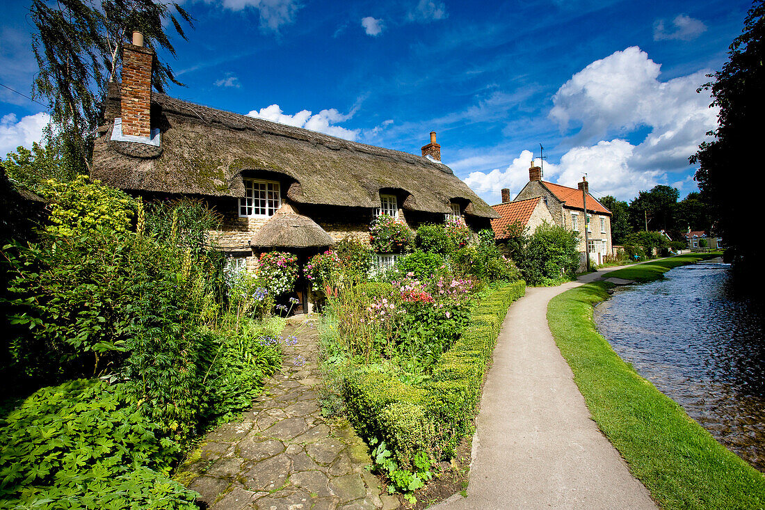 Thatched cottage by a stream, Thornton le Dale, Yorkshire, UK - England