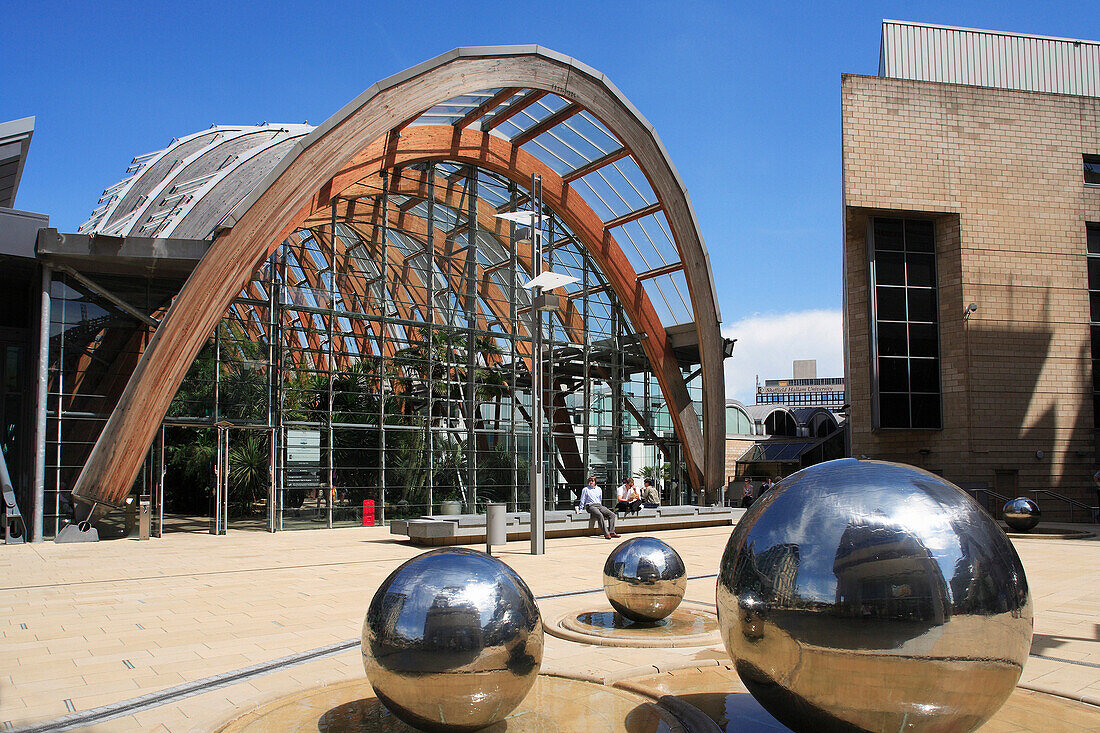 Winter Gardens and steel ball sculptures, Sheffield, Yorkshire, UK - England