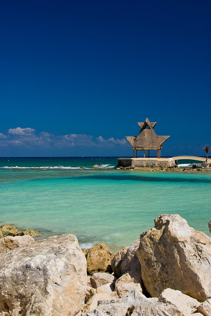 View along beach to jetty, Puerto Aventuras, Quintana Roo, Mexico