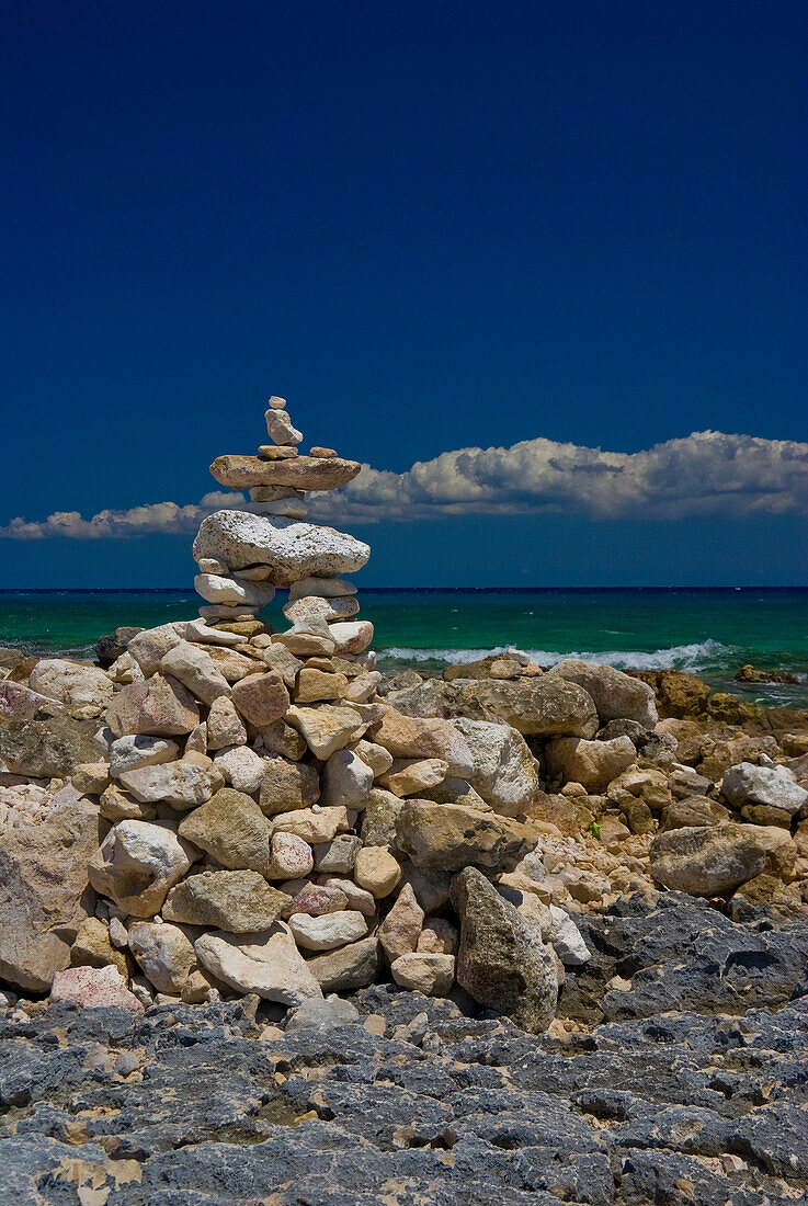 Rock sculptures and sea view, Puerto Aventuras, Quintana Roo, Mexico