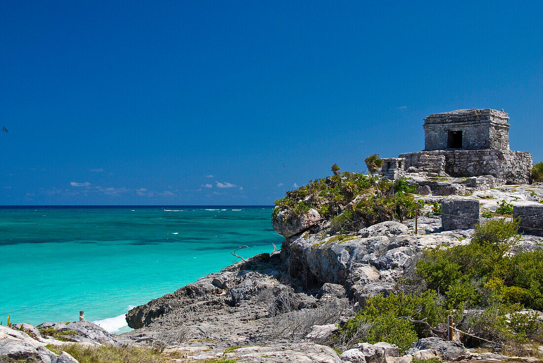 View  to Temple of the Wind and ocean, Tulum, Quintana Roo, Mexico