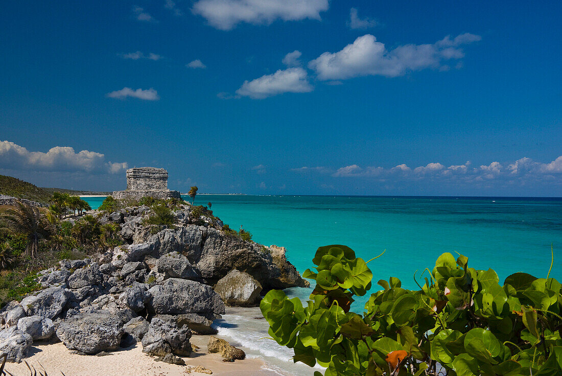 View over beach to Temple of the Wind, Tulum, Quintana Roo, Mexico