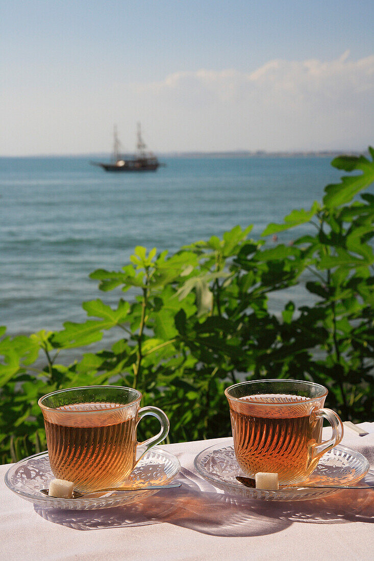 The harbour and apple tea, Side, Mediterranean, Turkey