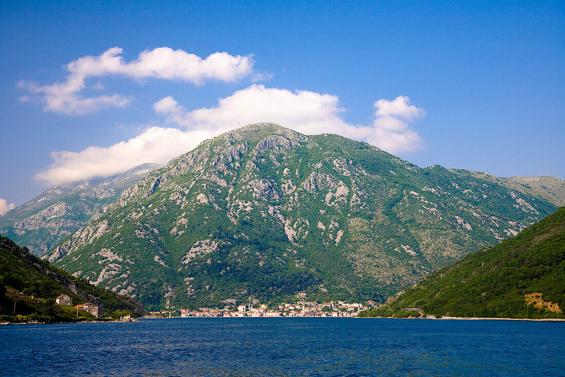 Mountains and distant village from Verige Straits, Risan, Montenegro