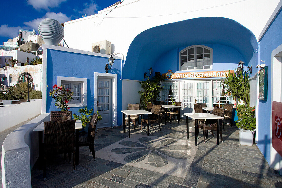 Restaurant terrace, Fira, Santorini Island, Greek Islands