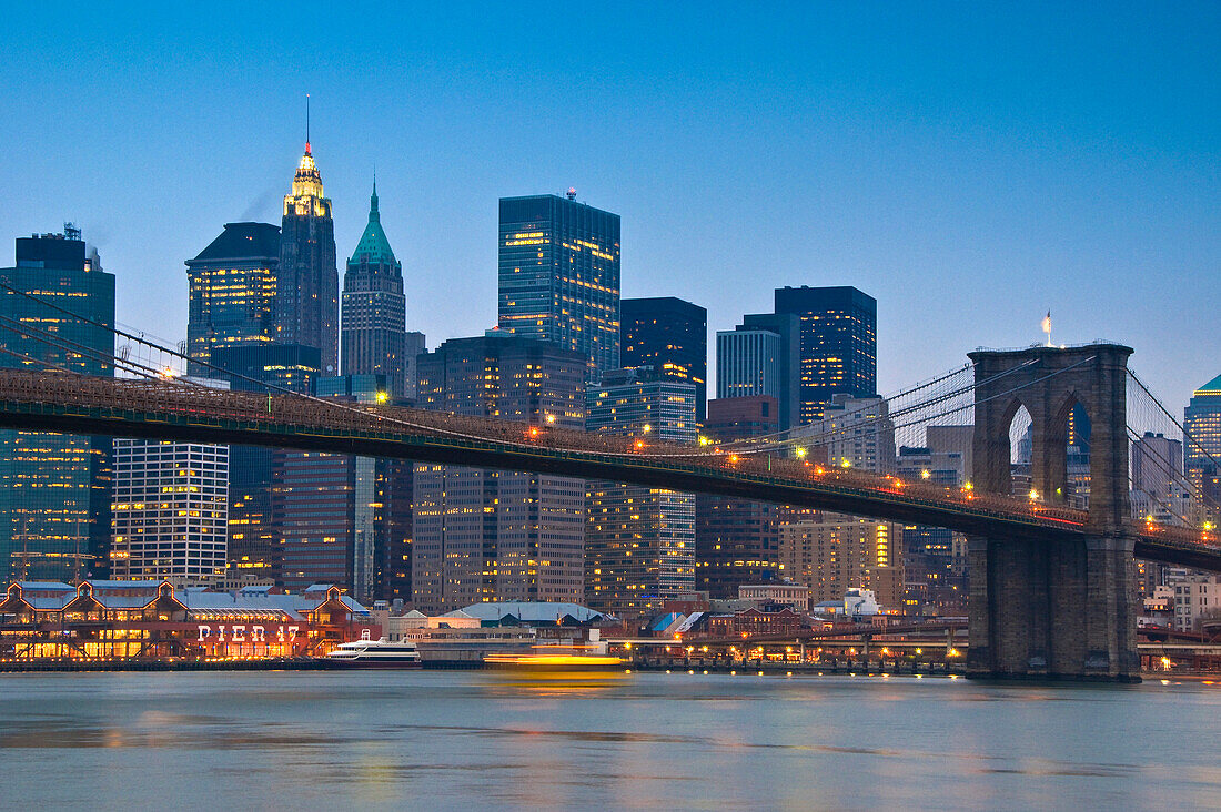 Lower Manhattan and Brooklyn Bridge over East River, New York, New York State, USA