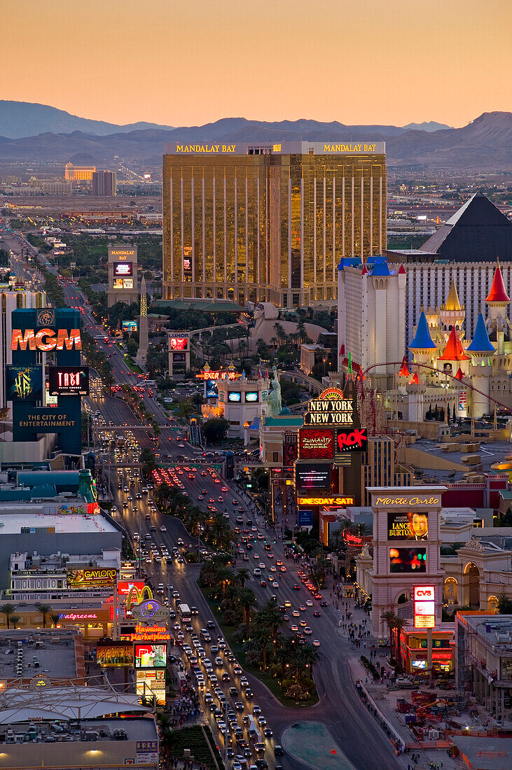 View over The Strip at dusk, Las Vegas, Nevada, USA
