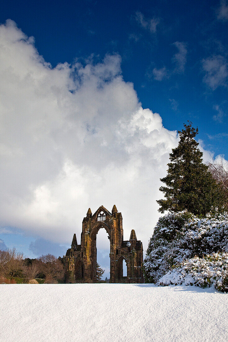 Gisborough Priory in winter snow, Guisborough, Cleveland, UK - England