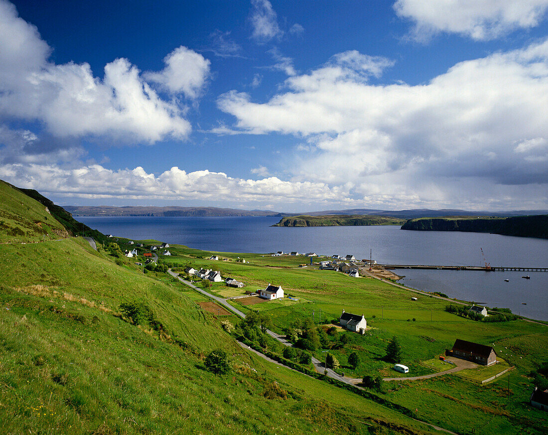 View over village and River Sligachan, Isle of Skye, Highland, UK - Scotland