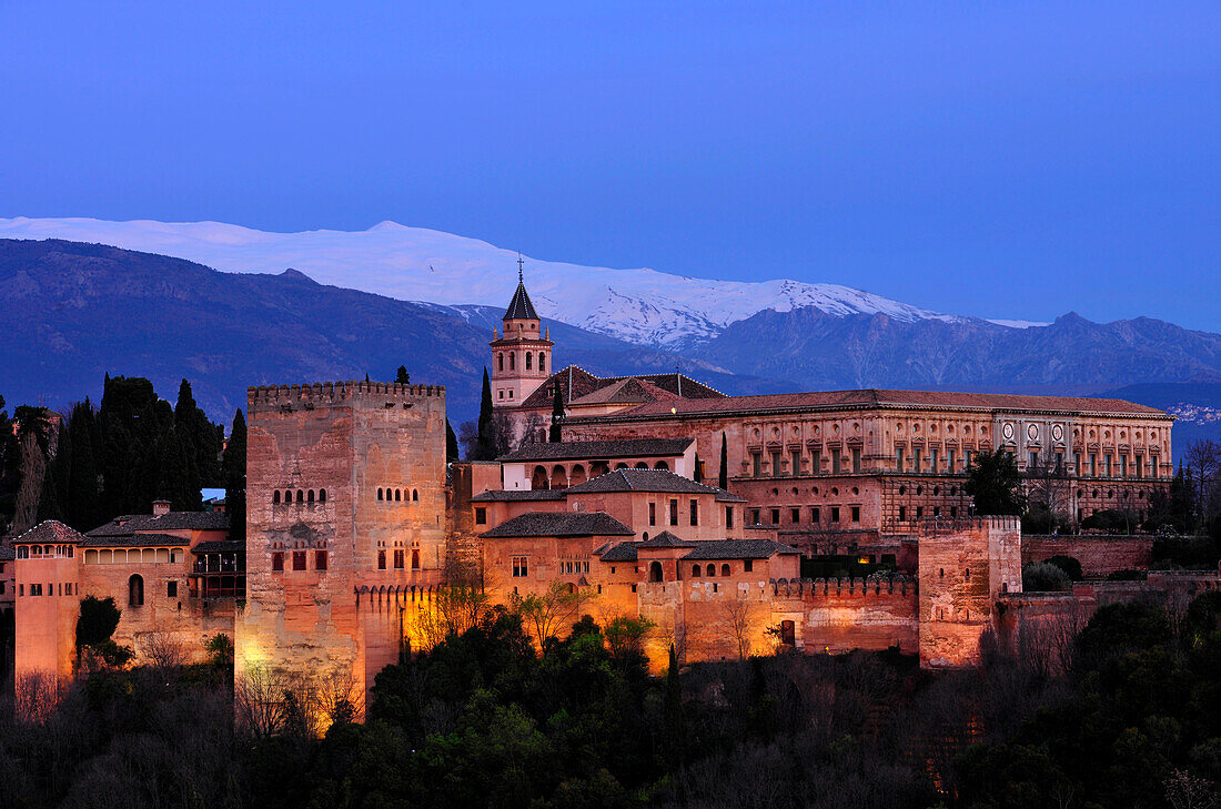 Alhambra with Sierra Nevada, Province Granada, Andalusia, Spain, Mediterranean Countries