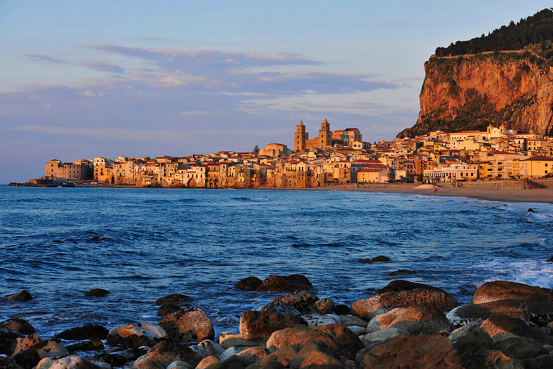 Cityscape with cathedral in the evening, Cefalu, Sicily, Italy